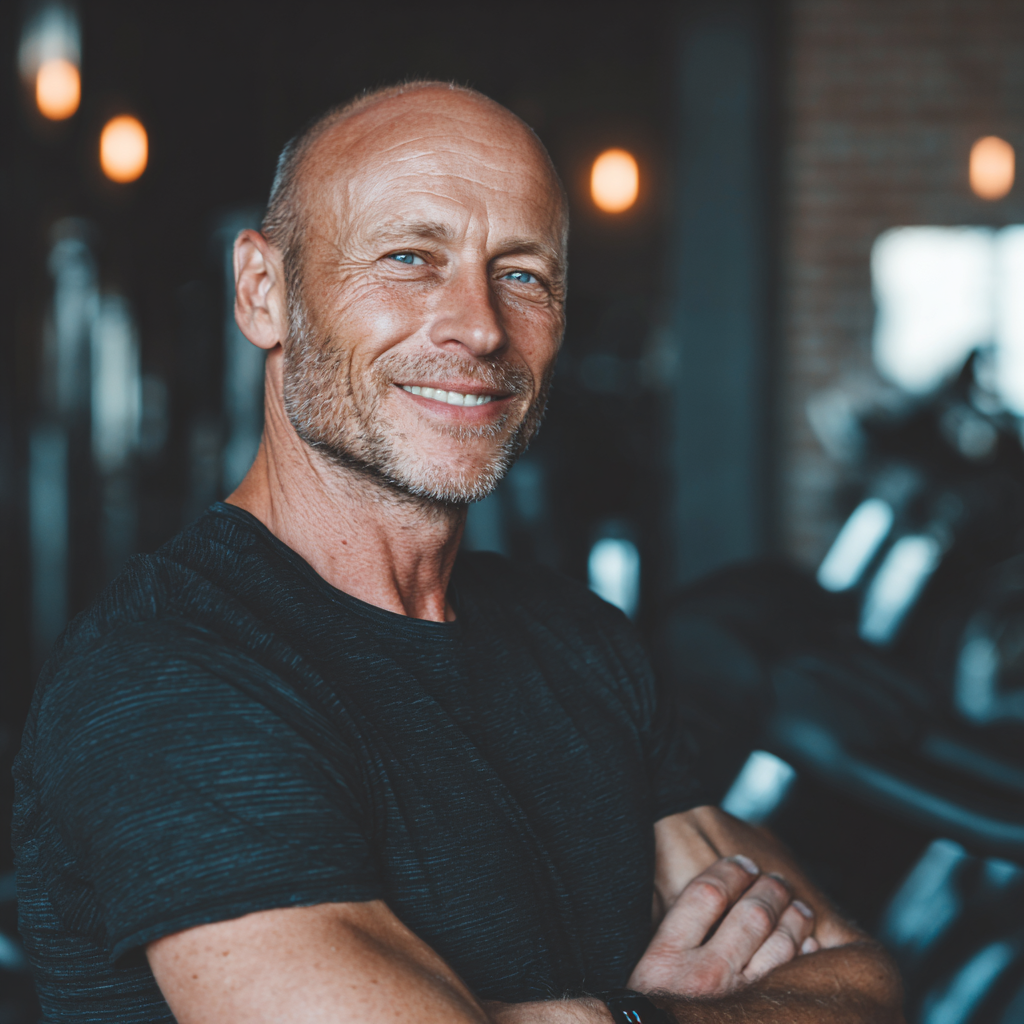 Щаслива європейська жінка середнього віку після тренування з посмішкою, у спортивному одязі