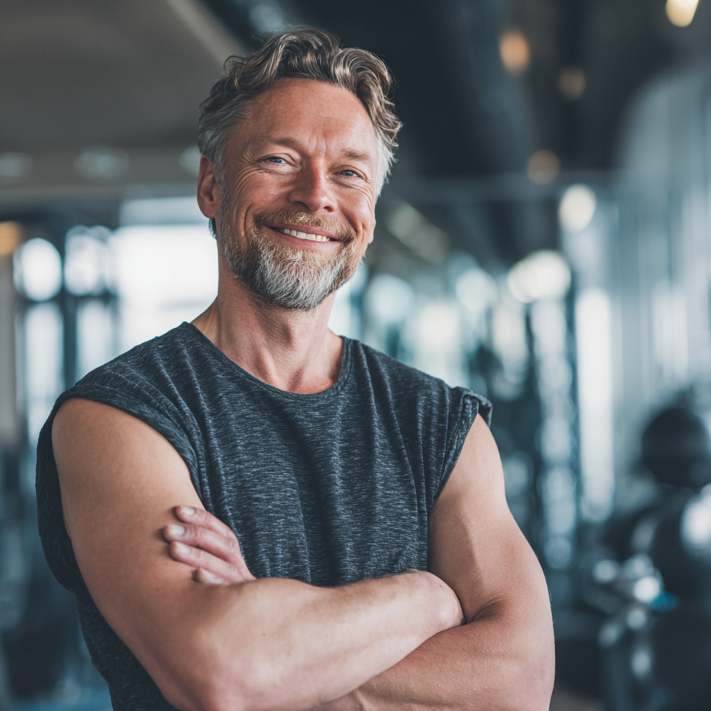 Щасливий європейський чоловік середнього віку з посмішкою після успішного тренування