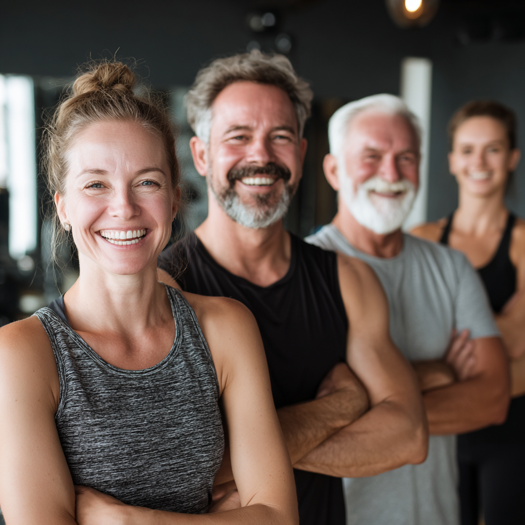 Щасливий європейський тренер середнього віку з посмішкою в спортивному залі